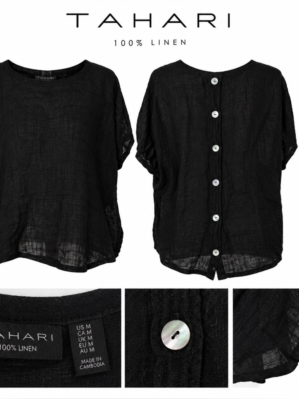 Tahari 100% Linen Black Button Back Blouse – Size M